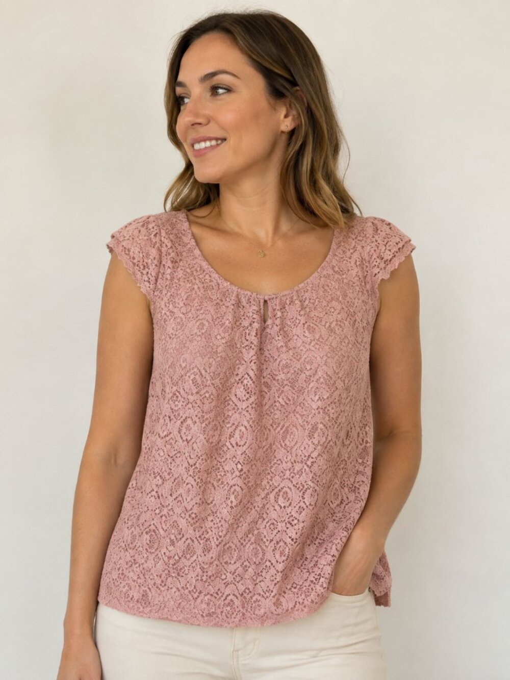 Liz & Co Size M Dusty Rose Pink Lace Blouse Cap Sleeve Top